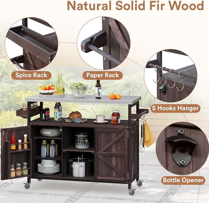 Zevemomo Outdoor Grill Cart with Storage, Lockable Casters, Brown | Stainless Steel Tabletop Outdoor Kitchen Island, Fir Wood Outdoor Buffet Cabinet for Kitchen & Barbecue