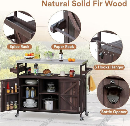 Zevemomo Outdoor Grill Cart with Storage, Lockable Casters, Brown | Stainless Steel Tabletop Outdoor Kitchen Island, Fir Wood Outdoor Buffet Cabinet for Kitchen & Barbecue