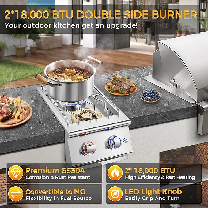 Grilling Side Burners for Outdoor Kitchen, 2 * 18,000BTU Liquid Propane Side Burner,Convertible to Natural Gas, Duty Heavy 304 Stainless Steel, Double Burner for BBQ Island Grill, Gold