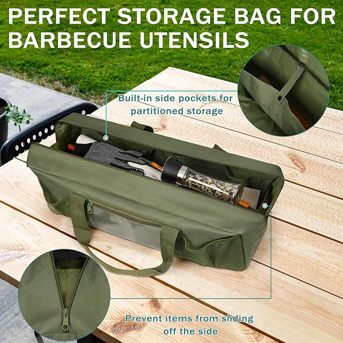 Grill Tool Storage Bag, Large Grill Utensil Storage Caddy with Pockets, Portable Grill Accessory Storage Bag for Outdoor Camping & BBQ (Green)