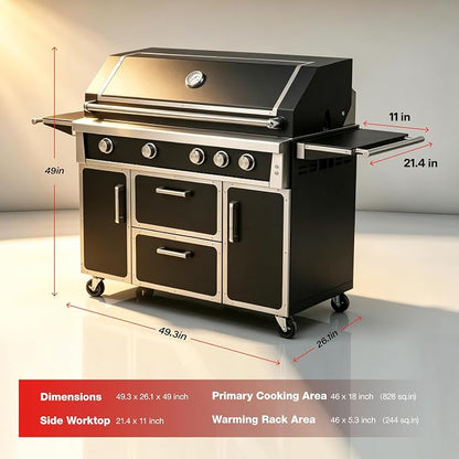 Black 49" Stainless Steel Natural Gas Grill, 4 Burners & Infrared Burner | 304 Stainless Steel 99,000 BTU Infrared Burner Professional Outdoor Cooking Warming rack Storage drawers Gliding wheels