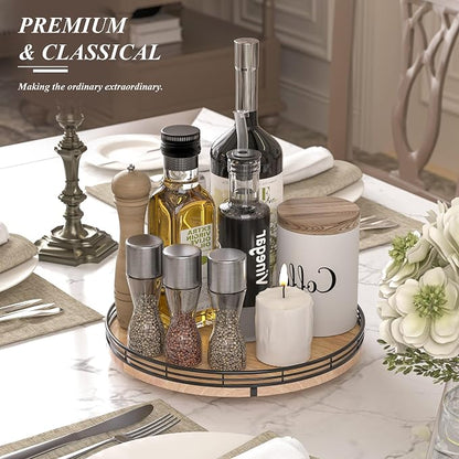 AMH 12-Inch Farmhouse Oak Lazy Susan Organizer | Smooth rotating oak tray with walnut finish for dining tables, kitchen counters, pantries and cabinet storage.