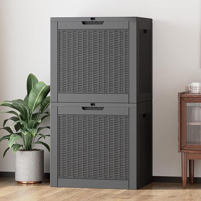 31 Gallon Outdoor Storage Box, Resin Deck Boxes Outdoor Waterproof for Patio Storage, Outdoor Cushions, Garden Tools, Package Delivery, Lockable Outside Storage Bin (Rattan Black-2 Pack)