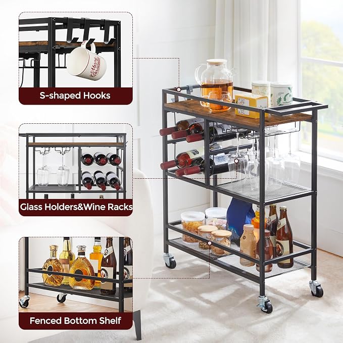 MAHANCRIS Bar Cart for Home, 3-Tier Serving Cart with Wheels and Handle, Beverage Cart with Wine Rack and Glass Holders, Rolling Wine Cart for Kitchen, Dining Room, Rustic Brown RCHR6101