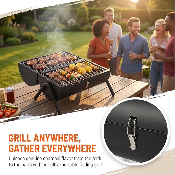 Portable Charcoal Grill, Tabletop BBQ Grill for Camping, Backyard and Picnic, Double-Sided Charcoal Grill with Carry Bag, Compact Outdoor Grill for 4-5 People, Black