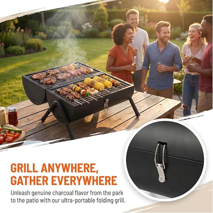 Portable Charcoal Grill, Tabletop BBQ Grill for Camping, Backyard and Picnic, Double-Sided Charcoal Grill with Carry Bag, Compact Outdoor Grill for 4-5 People, Black