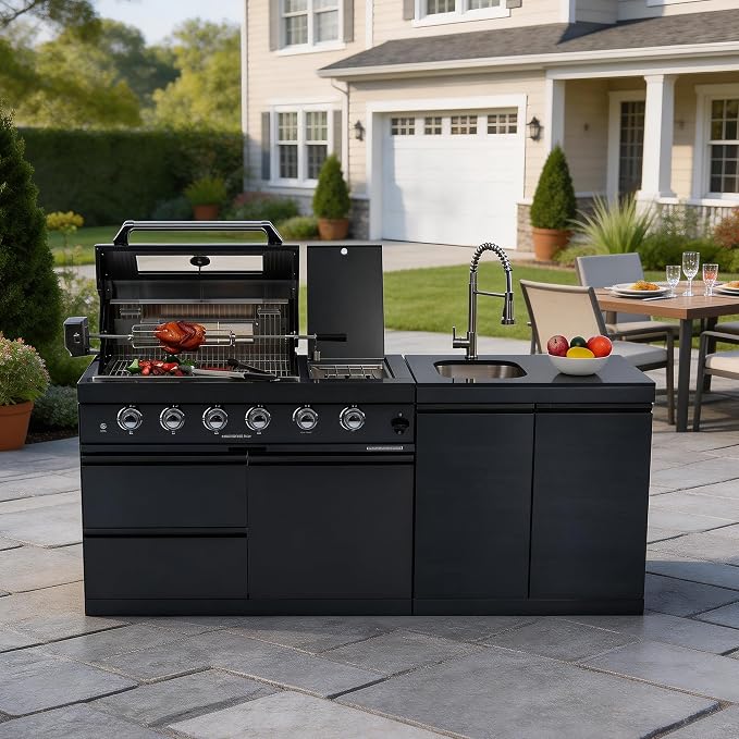 80-Inch Outdoor Kitchen Bar Island Grill with 4-Burner Gas, 72000 BTU Stainless Steel Gas Outdoor Grill Island Round Side Burner, Rotisserie Kit, Black Granite Countertops, Black