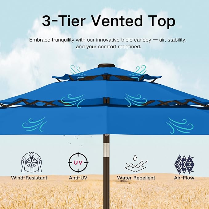 Kingdura 10ft 3-Tier Patio Umbrella with Solar Lights, Table Umbrella Outdoor Patio with Easy Crank & Tilt, 8 Sturdy Ribs, UV Protection, 32 LED Lights for Deck, Poolside, Market (Royal blue)