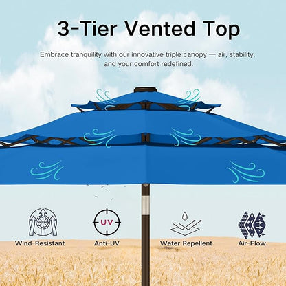 Kingdura 10ft 3-Tier Patio Umbrella with Solar Lights, Table Umbrella Outdoor Patio with Easy Crank & Tilt, 8 Sturdy Ribs, UV Protection, 32 LED Lights for Deck, Poolside, Market (Royal blue)