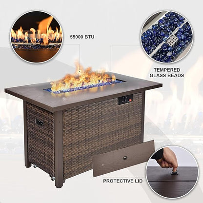 42" Propane Fire Pit, Outdoor Wicker Fire Pit Tables Rectangular Tabletop with Blue Glass Stones, 50000 BTU w/CSA-Certified and Tables for Outside Patio, Backard (Brown)