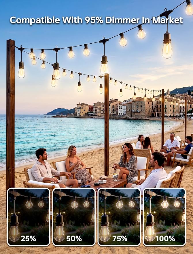 30Ft LED Outdoor String Lights with 13 S14 G40 Waterproof Bulbs Dimmable | Connectable Plug in Outside Hanging Lights for Indoor and Outdoor, Backyard, Bistro, Porch, Cafe,Deck,Garden,Warm White 2700K