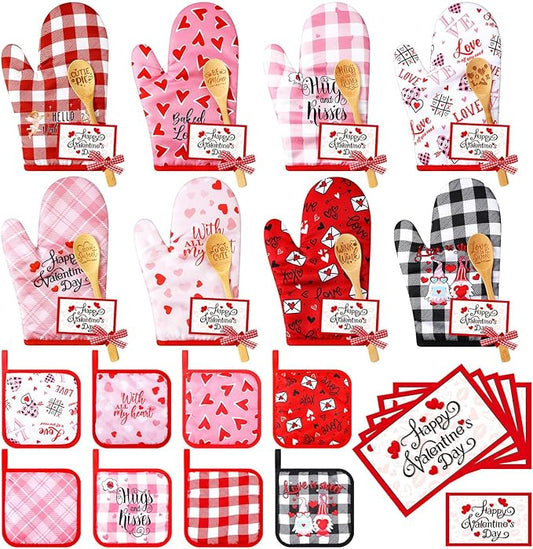 Suclain 32 Pcs Valentine's Day Oven Mitt and Pot Holders Valentine Baking Gift Set Cute Non Slip BBQ Gloves Kitchen Potholder Wooden Spoons and Cards for Women Valentine's Day Gift Cooking Baking