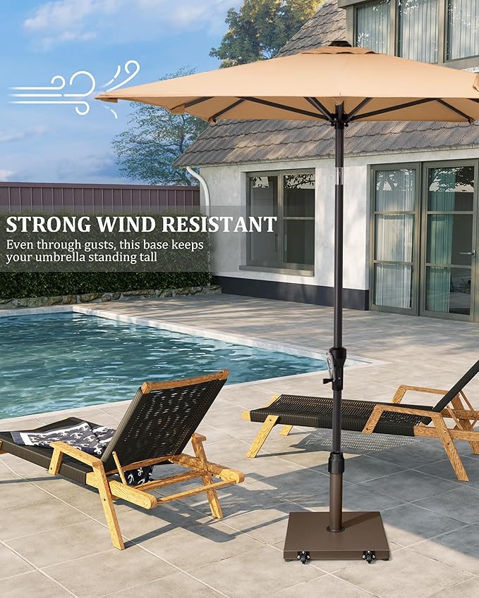 45lbs Patio Umbrella Base with Wheels - Heavy Duty Outdoor Patio Market Umbrella Stand for Deck with Rollers, Poolside, Balcony, Wind-Resistant Design, Brown