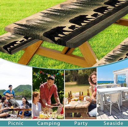 Picnic Table Cover with Bench Covers and Bag, Forest Mountain Bear Wooden Waterproof Windproof, Fitted Tablecloth Cover with Elastic Edge, for Indoor & Outdoor, Garden, Camping, 3 PCS 30x72 Inch