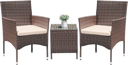 Greesum 3 Pieces Patio Dining PE Rattan Wicker Chair Furniture Set with Cushion and Glass Coffee Table for Outdoor Garden Backyard Poolside, Brown and Beige