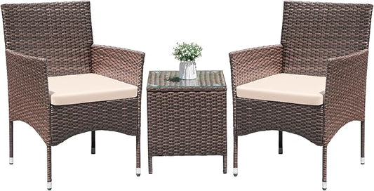 Greesum 3 Pieces Patio Dining PE Rattan Wicker Chair Furniture Set with Cushion and Glass Coffee Table for Outdoor Garden Backyard Poolside, Brown and Beige
