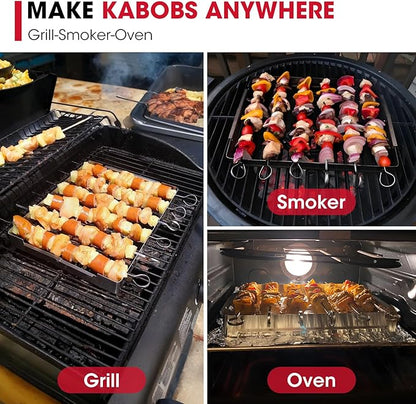 Unicook Stainless Steel BBQ Shish Kabob Set, Foldable Shish Kabob Holder with 6pcs 13"L Skewers, Reusable Grill Rack, Comes with 30pcs 12.5"L Bamboo Skewers for Party and Cookout