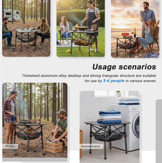Folding Camping Table, Portable Lightweight Beach Tables for Sand Foldable, Aluminum Roll-up Folding Square Table for Outdoor Camping, Picnic, Card, Travel