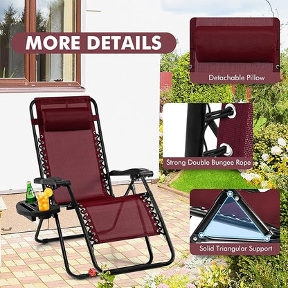 Giantex 2 PCS Zero Gravity Chair, Outdoor Chaise Lounge with Cup Holder, Patio Folding Chairs Recliner for Yard Pool Lawn Balcony, Burgundy