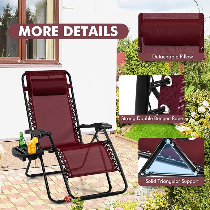 Giantex Zero Gravity Reclining Chair, Outdoor Patio Recliner with Cup Holder & Removable Pillow, Adjustable Backrest, Indoor Lounge Chair for Backyard, Garden, Poolside (Burgundy)