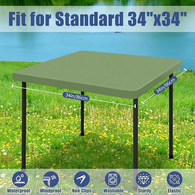 Moosfor 2 Pack Square Spandex Fitted Table Cloth, Elastic Tablecloth | Washable Picnic Table Cover, Stretch Waterproof Table cloths for Party, Patio, Dining, Kitchen, 34" x 34", Sage Green