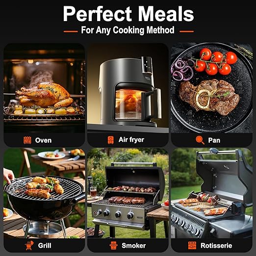 Smart Wireless Meat Thermometer IP67 Ultra-Thin Probe ±0.5℉ Accuracy Bluetooth 230ft Real-Time Monitoring & Smart Alerts with APP Standalone Display Base for BBQ, Oven, Kitchen,Grill,Smoker