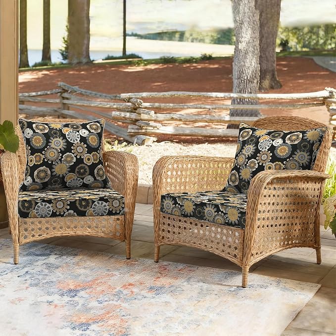 DYTXIII Outdoor Deep Seat Cushion Set, Water Repellent 24"x24" Patio Thick Cushions Replacement with Seat & Back Pillow for Patio Sofa, Wicker Chair, Couch - Black Yellow Crosby