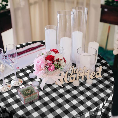 Disposable Checkered Tablecloth Round Plastic Buffalo Plaid Table Cloth 84'' Gingham Tablecover for Picnic Camping BBQ Graduation Party (Black and White, 6 Pieces)