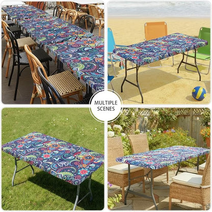 Smiry Spandex Fitted Tablecloth for 8 Foot Rectangle Tables, Washable Picnic Table Cover with Elastic, Stretch Reusable Table Cloth for Outdoor, Camping, Dining & Kitchen (Paisley, 30"x96")