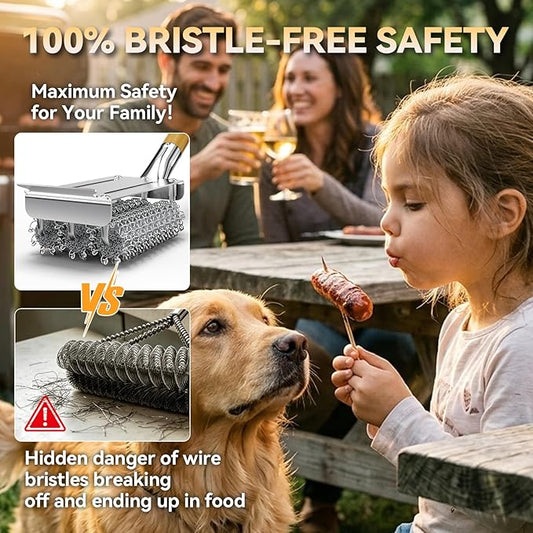HOUSE AGAIN Grill Brush Bristle Free, Stainless Steel Food-Grade Brush Head with Scraper, Safe BBQ Outdoor Grill Cleaning Brush Barbecue Steam Grill Cleaner Non Wire for Grill Grate/Long Wood Handle