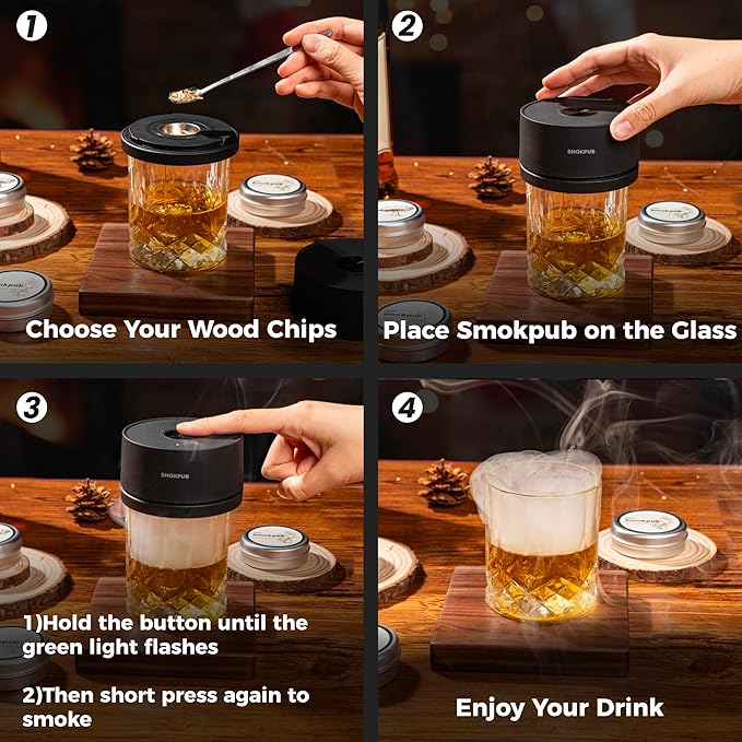 Electric Whiskey Smoker Kit, Rechargeable Cocktail Smoker with 6 Wood Chips, Flameless Heating System, Old Fashioned Drink Smoker Kit, Bourbon Whiskey Gifts for Men,Dad,Husband