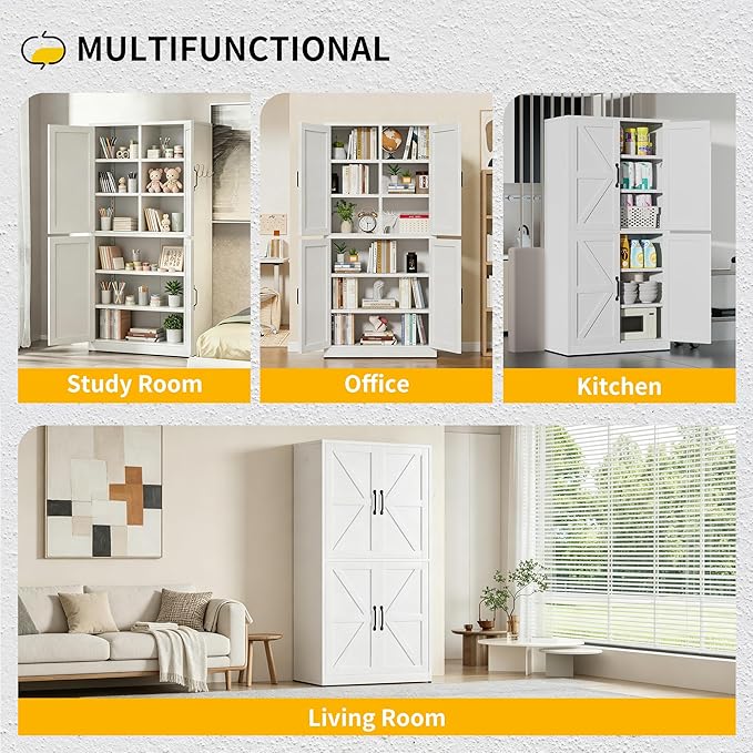 Kitchen Pantry Storage Cabinet, 64" Metal Pantry Cabinet with 4 Doors and Adjustable Shelves, Kitchen Pantry with Hooks for Home, Living Room, Assemble Required (White)