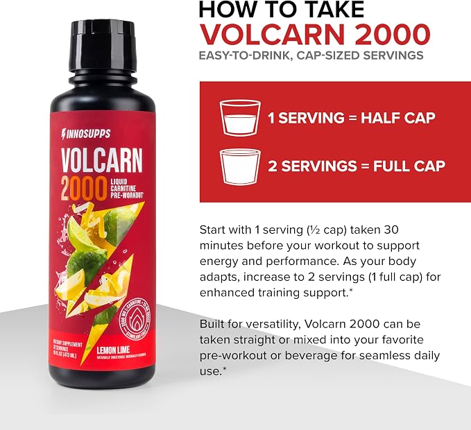 Volcarn 2000 L-Carnitine Liquid Energy, Lemon Lime, 32 Servings | Energy booster and ATP supplement with GBEEC; Enhances focus; Caffeine-free, no artificial sweeteners