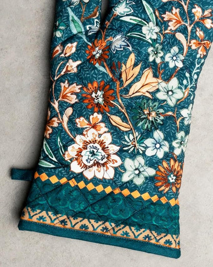 Maison d' Hermine 100% Cotton Oven Mitt & Pot Holder Set (7.5"x13" & 8"x8") Heat Resistant Cooking Gloves with Loop for Thanksgiving Christmas Decorations Handling Hot Pans (Luxury Loft - Dark Teal)