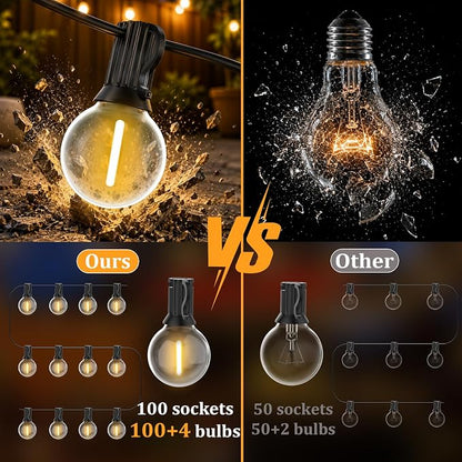 GLUROO 200FT(100FT*2PC) Outdoor String Lights, G40 LED Patio Lights with 100+4 Bulbs, Waterproof Shatterproof Dimmable Globe Hanging Outdoor Patio Lights Cafe, Bistro Outside Lights for Patio