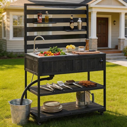 42 Inch Patio Kitchen Island with Sink, Black | Black fir wood, stainless steel top and sink, garden or patio, movable shelves, bottle opener, lockable wheels, 41.7 in L