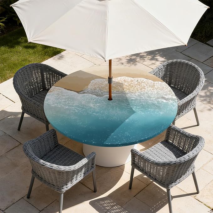 Outdoor Tablecloth with Umbrella Hole and Zipper Fits 37-44" Tables | Waterproof Round Fitted Tablecloth with Elastic Edge, Wipeable Outdoor Table Cover for Patio, Garden, Picnic