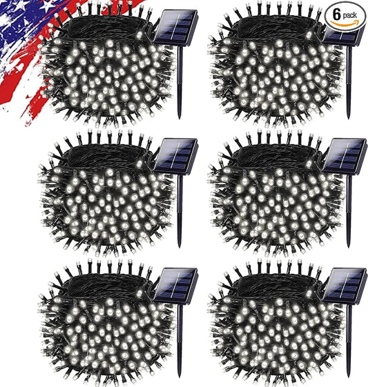 Upgrade 6Pack 600LED Solar String Lights for Outside, Solar Christmas String Lights Outdoor with 8 Modes, IP65 Waterproof Outdoor Twinkle Light, Garden Xmas Tree Christmas Decoration, Cool White