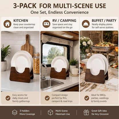 LemonRoad 3 Pack Acacia Wood Paper Plate Holder, Plate Dispenser for 7-12 Inch Plates, Space Saving Kitchen & Rv Organizer for Countertop, Pantry, Buffet, Outdoor Party & Camping Storage Rack