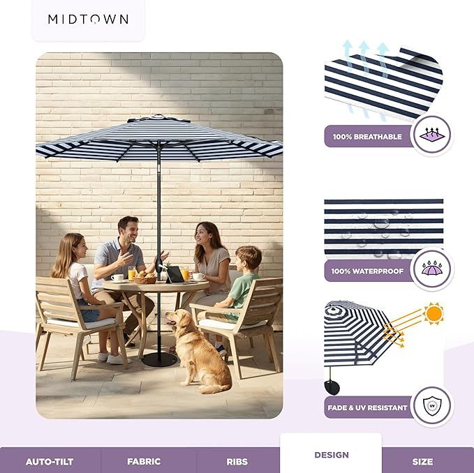 Midtown Umbrellas - 10-Year-No-Fade 8 Ft Patio Umbrella with Terylast Fabric, Auto-Tilt Aluminum Frame and 8 Reinforced Ribs for Deck, Pool, Garden & Beach - Navy/White Stripes Canopy, Black Pole