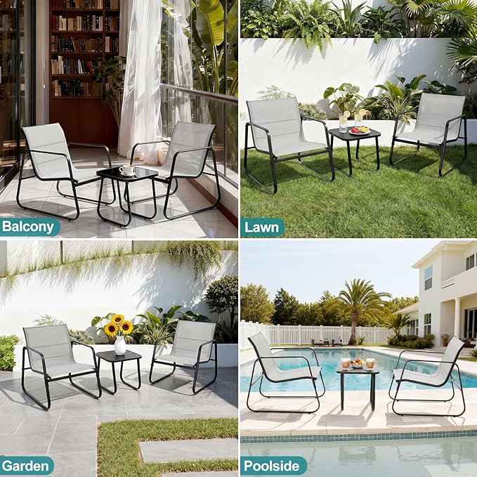 DUMOS 3 Piece Patio Furniture Set，Outdoor Patio Furniture Set with Table and Chairs, Patio Sectional Bistro Sets for Lawn, Garden, Balcony, Poolside Gray