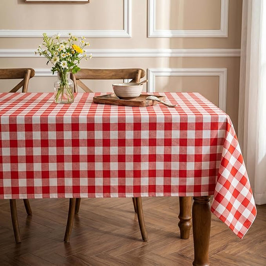 Red and White Gingham Tablecloth, Waterproof Outdoor Picnic Table Cover for Summer BBQ, Farmhouse Kitchen, Patio Dining, Reusable Machine Washable Checkered Table Cloth, W60 x L144 in