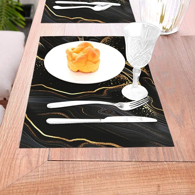 Black Gold Marble Texture Placemats Set of 4, Black Table Mats | Heat Resistant Washable Linen Place Mats for Kitchen Dining Table Farmhouse 12"x18", Black Gold Kitchen Decor