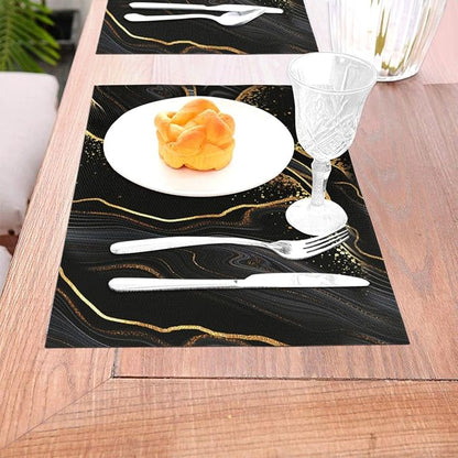 Black Gold Marble Texture Placemats Set of 4, Black Table Mats | Heat Resistant Washable Linen Place Mats for Kitchen Dining Table Farmhouse 12"x18", Black Gold Kitchen Decor