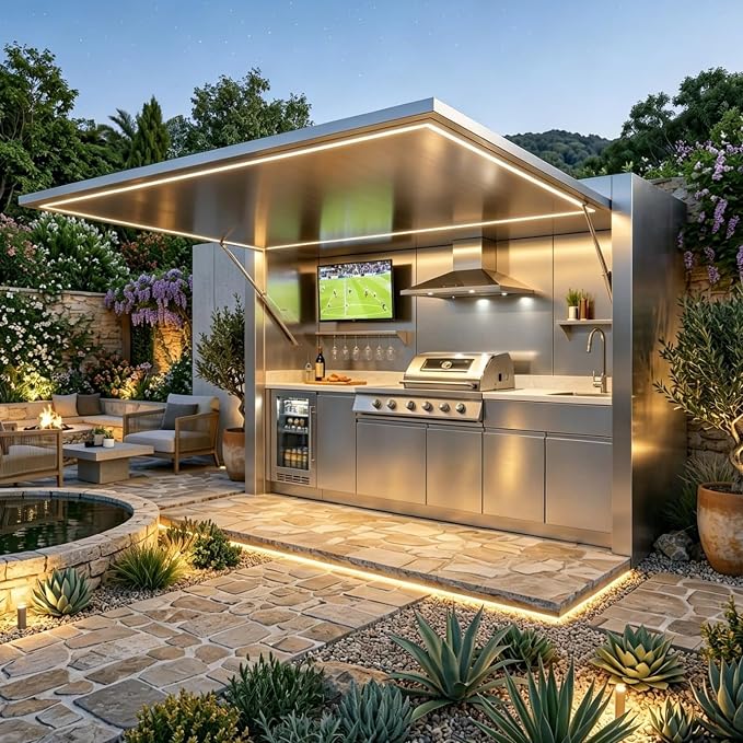 Luxury Outdoor Kitchen Pod, Modular BBQ Island for Backyard Patio Cooking | Prefab Modular Outdoor Kitchen Kits with Sink, 4 Burner Grill, Storage Cabinet, Refrigerator for Entertaining