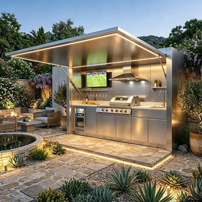 Luxury Outdoor Kitchen Pod, Modular BBQ Island for Backyard Patio Cooking | Prefab Modular Outdoor Kitchen Kits with Sink, 4 Burner Grill, Storage Cabinet, Refrigerator for Entertaining