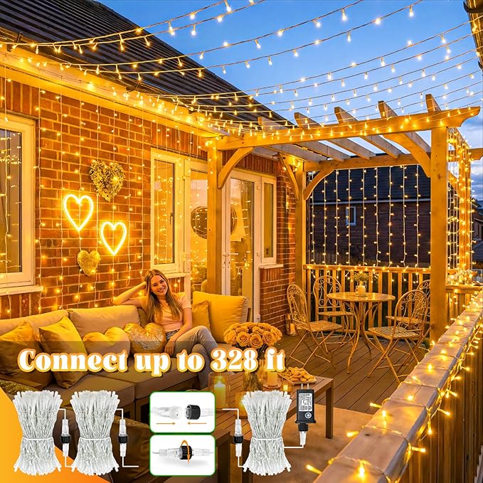 100FT 300 LED Christmas Lights Outdoor, Plug in String Lights Indoor Waterproof, Connectable 8 Modes Fairy Twinkle Lights for Outside Bedroom Classroom Wedding Backyard Decorations, Warm White