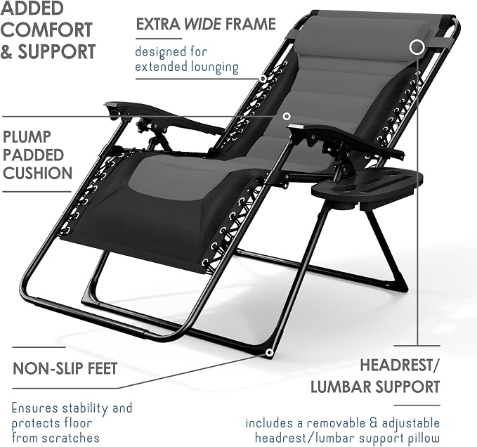 Nestl Padded Oversized Zero Gravity Chair, XL Folding Outdoor Lounge Chair | Adjustable Headrest, Cup Holder & Side Tray, Support 330 LBS, Anti Gravity Reclining, For Patio, Camping & Beach, Black/Grey