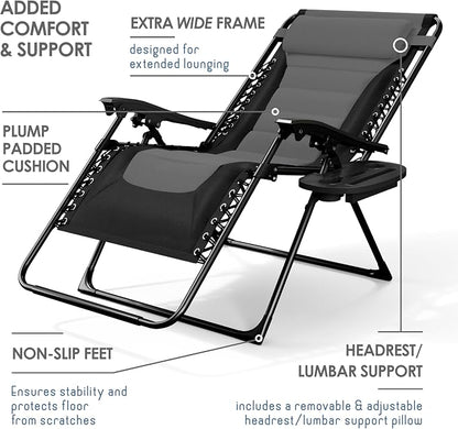 Nestl Padded Oversized Zero Gravity Chair, XL Outdoor Lounge Chair Set of 2 | Adjustable Headrest, Cup Holder & Side Tray, Support 330 LBS, Anti Gravity Reclining, For Patio, Camping & Beach, Black/Grey