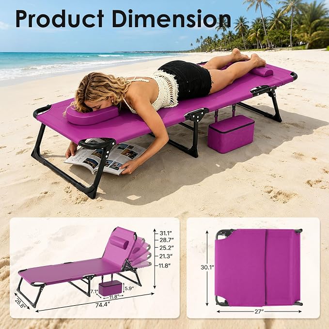 Suteck Tanning Chair with Face Hole, Folding Beach Lounge Chairs, Pink | Adjustable 5-Position Reclining Chaise, Removable Cushion & Pillow, Cooler Bag, 500Lbs Heavy-Duty for Outdoor Camping& Home